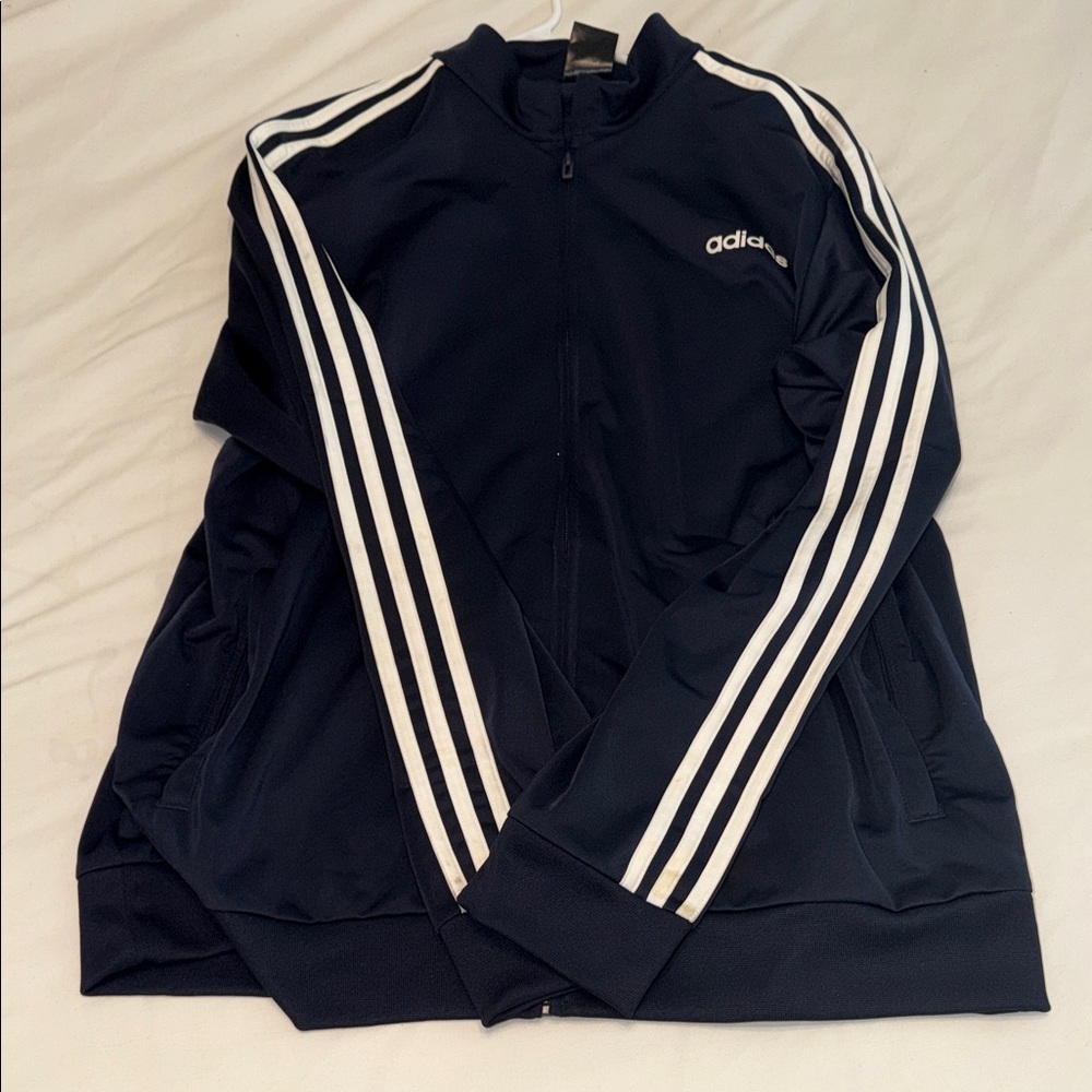 Adidas Men's Dark Blue Track Jacket with White Stripes